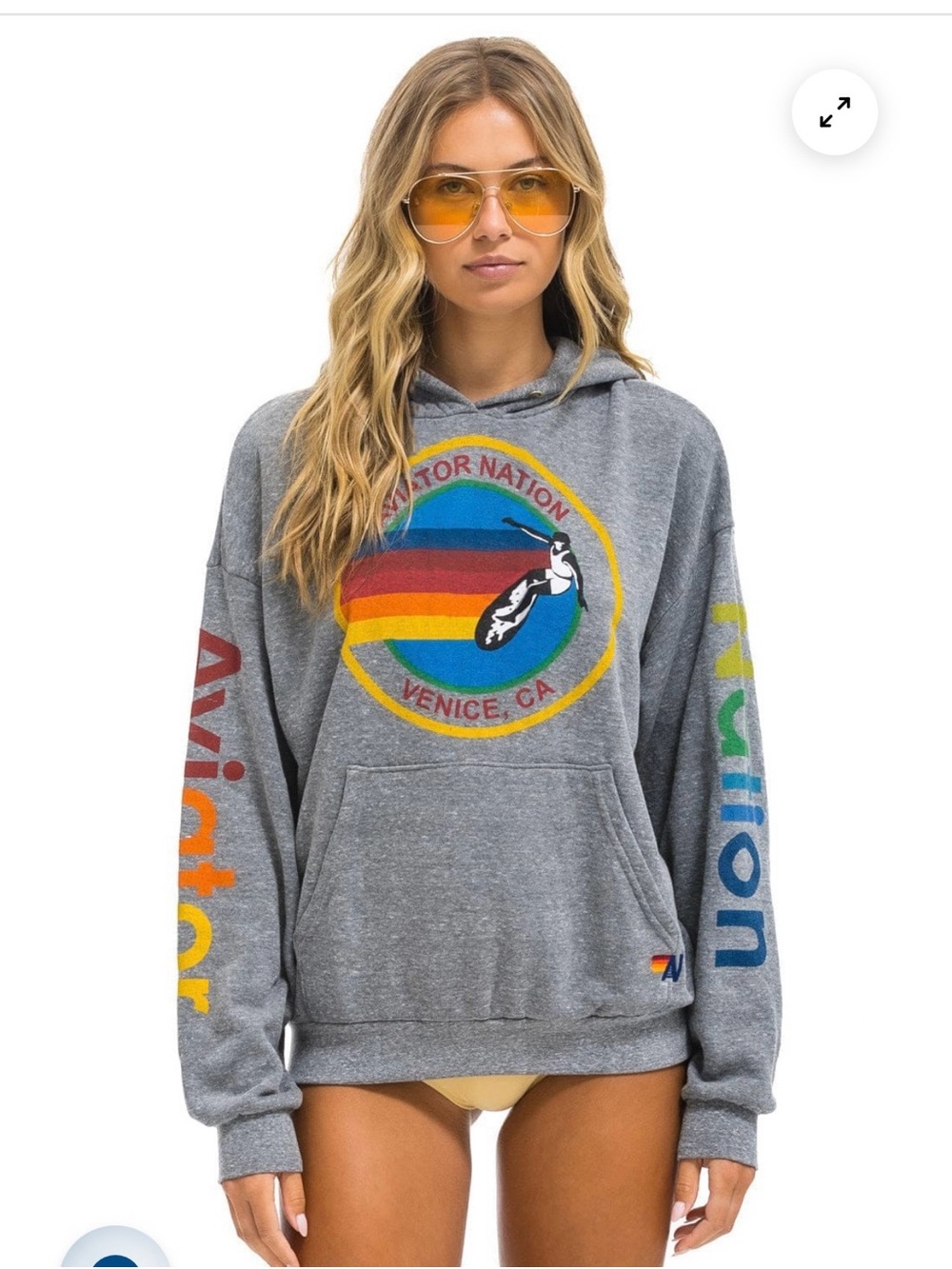 Aviator Nation Gray Hoodie with Rainbow Logo and Multicolor Sleeve Text